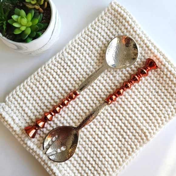 Vintage Copper Handled Metal Salad Servers, 12" Spoon Fork Salad Serving Set - Picture 1 of 13
